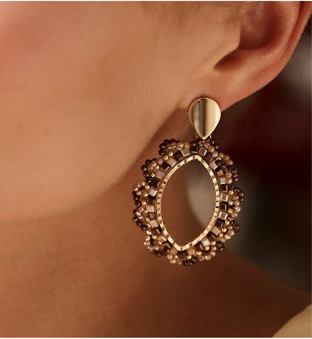 Chocolate Brown and Gold Beige Flower Crystal Earrings