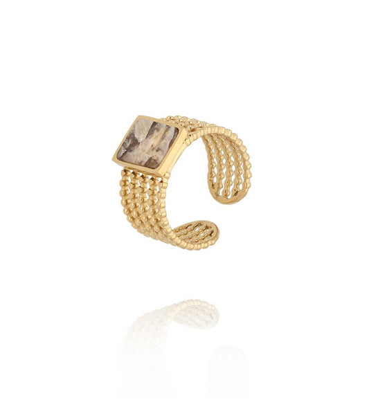 Gold Plated Rectangle Earth Natural Stone Ring 0081