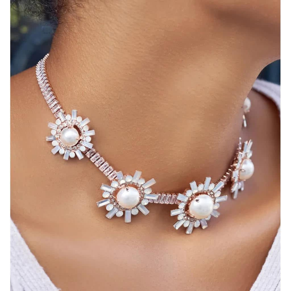 Rose Gold & Milk White Crystals Necklace with Pearl Flowers