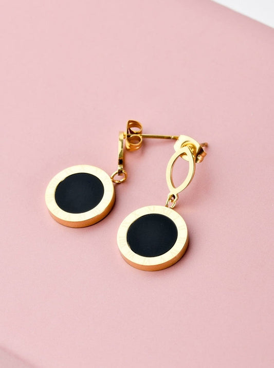 Gold Plated Teardrop Earrings with Black Enamel Circle