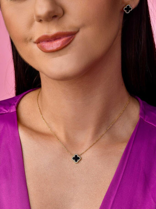 14k Gold Plated Necklace with Crystal Clover & Black Enamel