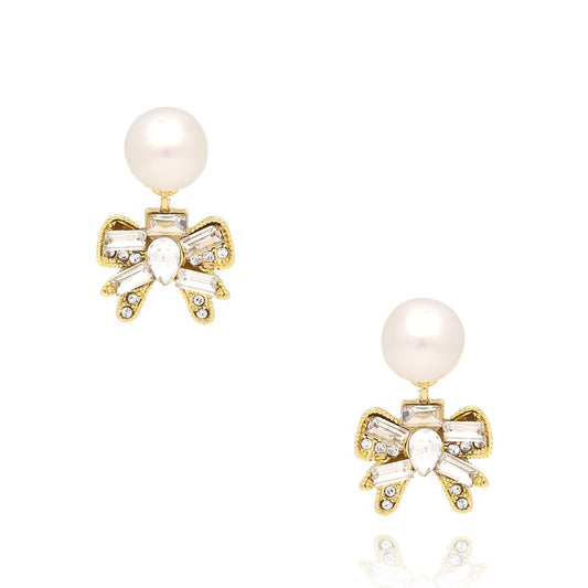 Crystal Bow Earrings with Pearl Perle Blanche
