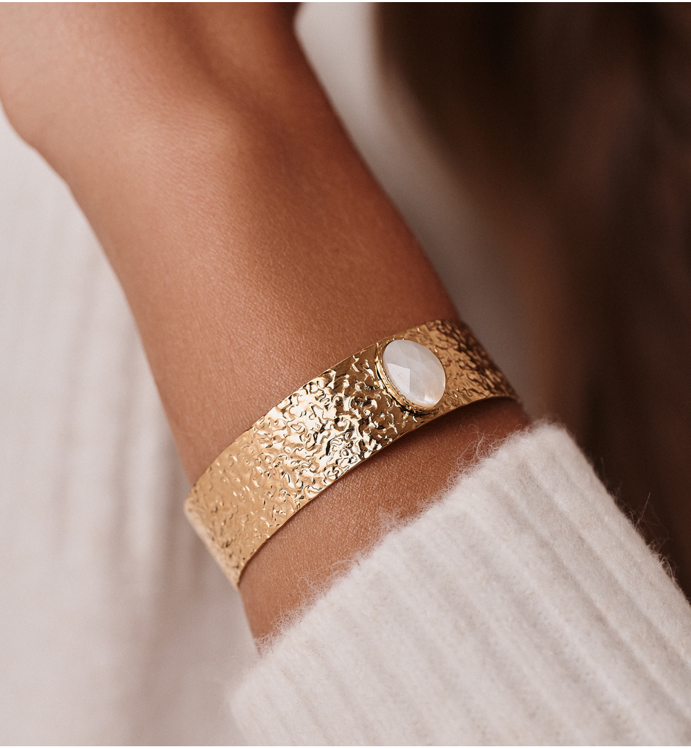 Gold Plated Earth Song Wide Cuff Bracelet with Pearl 0018