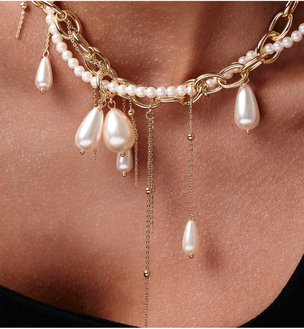 Pearl Sea Cascade Necklace with Pearls and Chains 0389