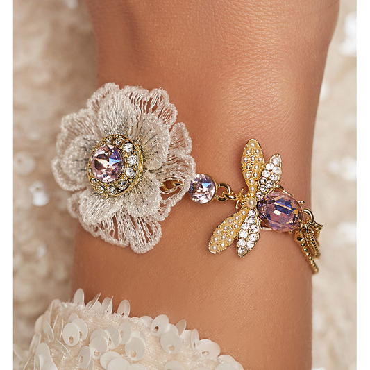 Light Pink Dragonfly and White Flower Multi Chain Bracelet