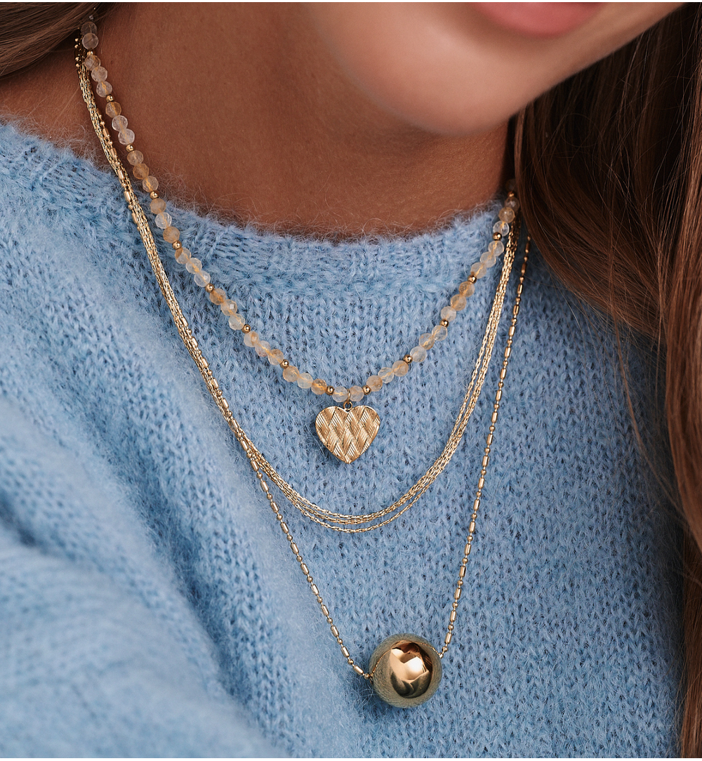 Gold Plated Multi Layered Chain Necklace with Gold Ball 0572