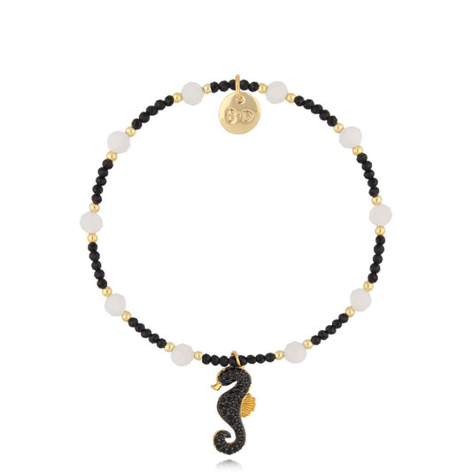 Black and Gray Natural Stones Bracelet with Crystal Seahorse Pendant