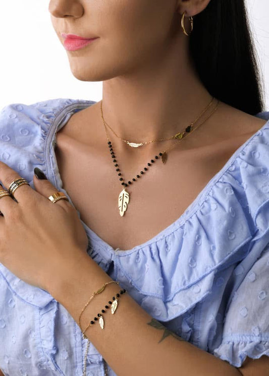 Gold Plated Feather Necklace with Black Crystals