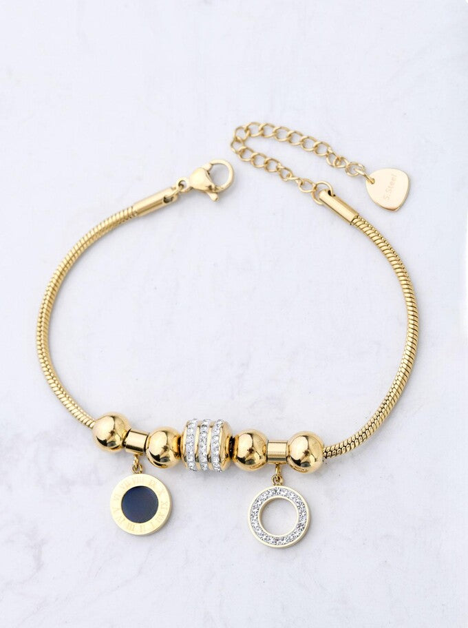 14k Gold Plated Statement Bracelet with Crystal Charm and Round Pendants
