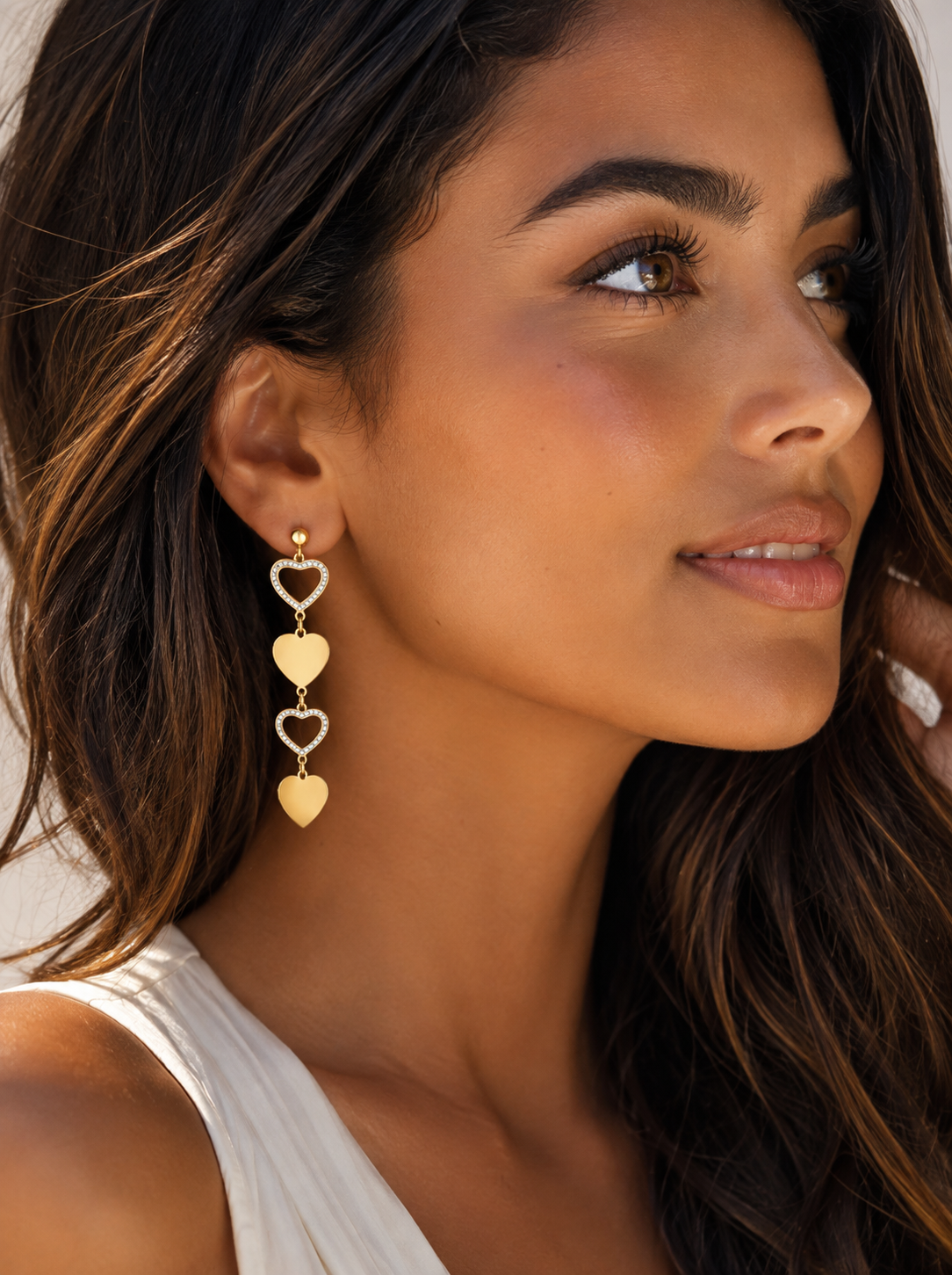 14K Gold Plated Flat and Zirconium Open Heart Earrings