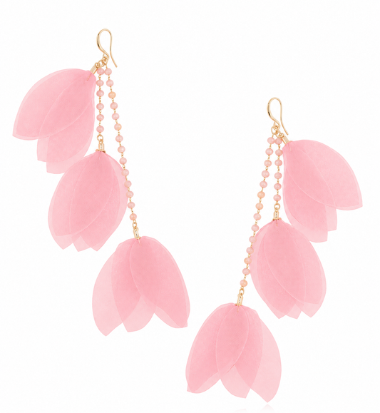 Light Pink Silk Flower Earrings with Beads Tulip