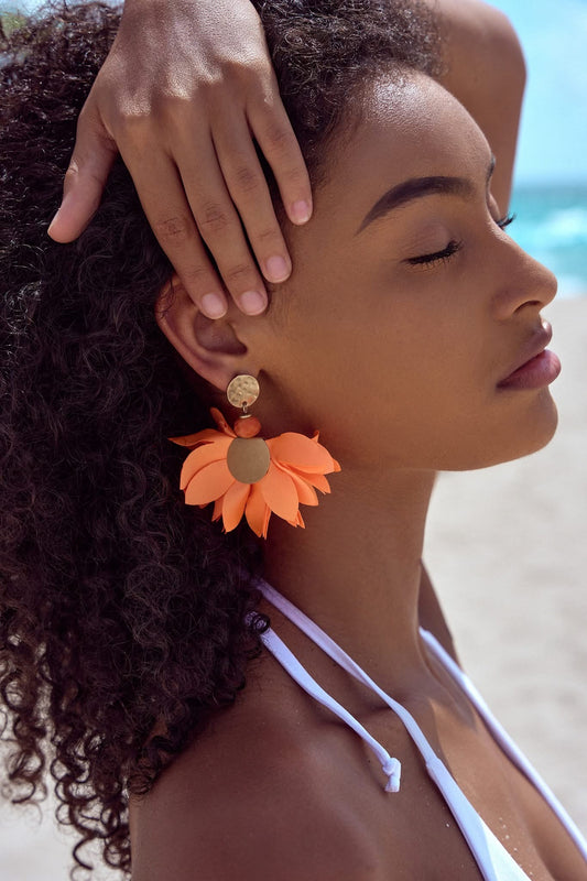 Bright Orange Satin Flower Earrings with Harvest Gold Finishing
