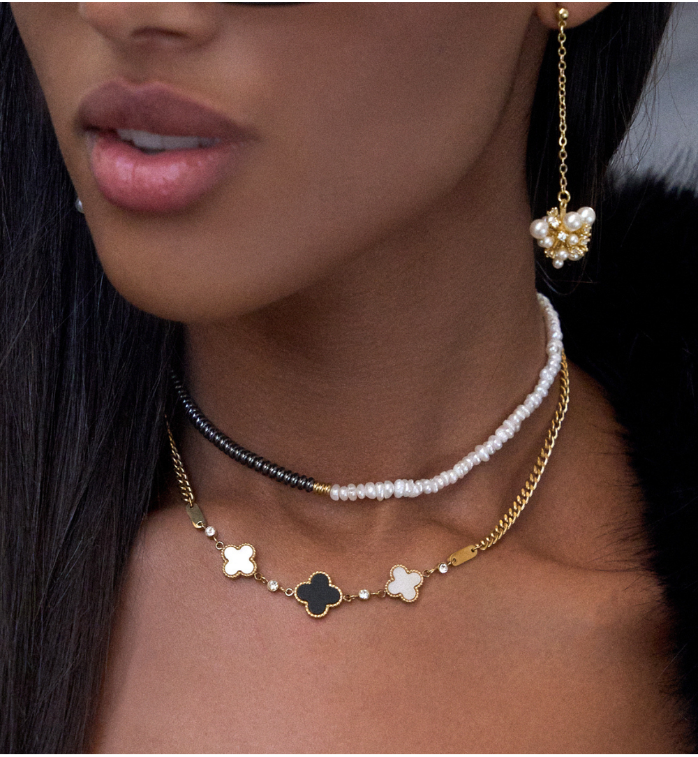 Gold Plated Necklace with Black and White Clovers 0311