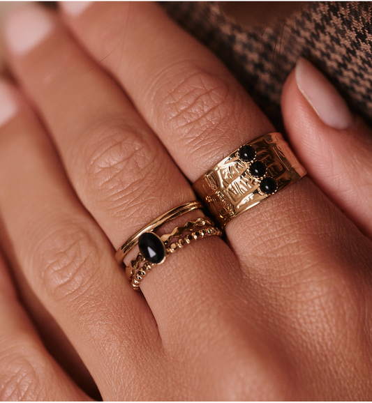 Gold Plated Wide Adjustable Ring with Black Agate Stones