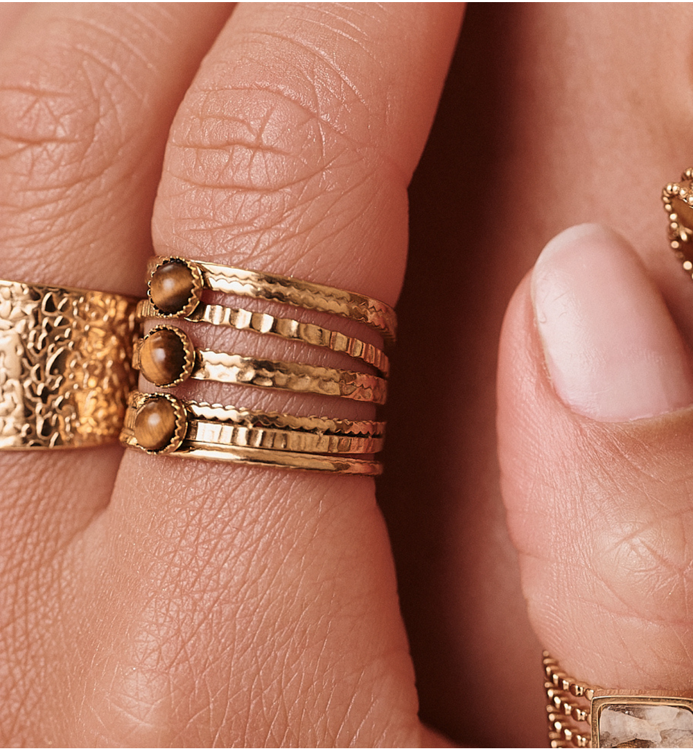 Gold Plated Three Tigers Eye Stones Wide Ring 0079