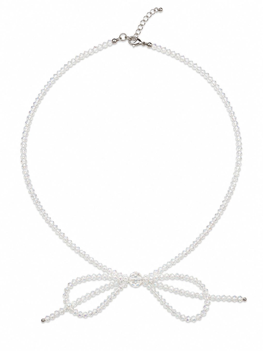 Luminous Transparent Glass Crystals Bow Necklace with Silver Finish