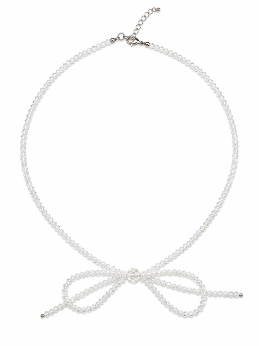Luminous Transparent Glass Crystals Bow Necklace with Silver Finish
