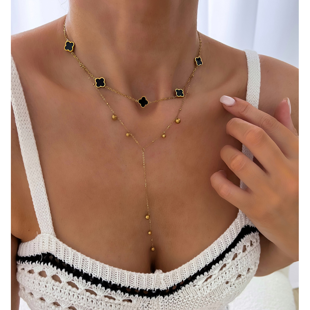 14k Gold Plated Black Enamel Clovers Necklace