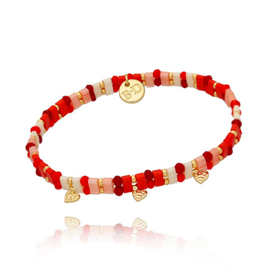 Red Paradise Bracelet with Three Hearts and Miyuki Beads