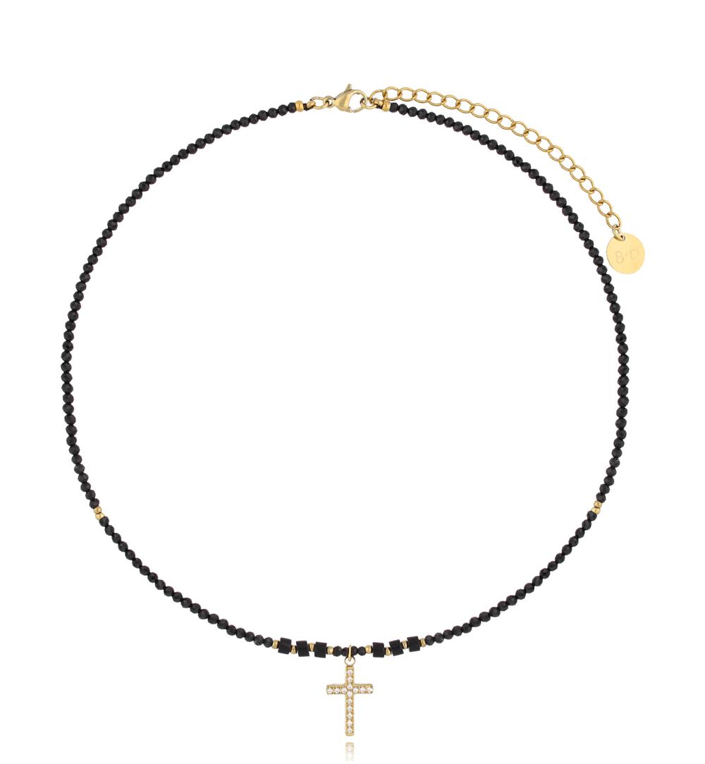Black Tourmaline Stones Necklace with Zirconium Cross