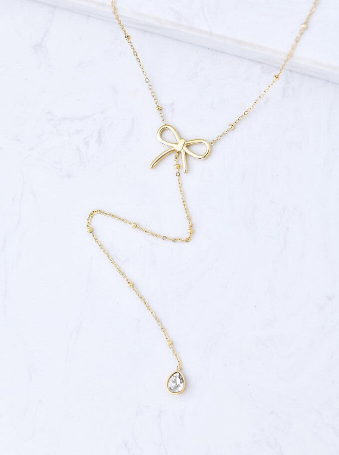 14k Gold Plated Lariat Bow Necklace with Crystal Teardrop