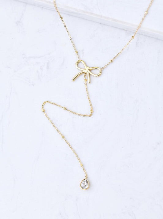 14k Gold Plated Lariat Bow Necklace with Crystal Teardrop