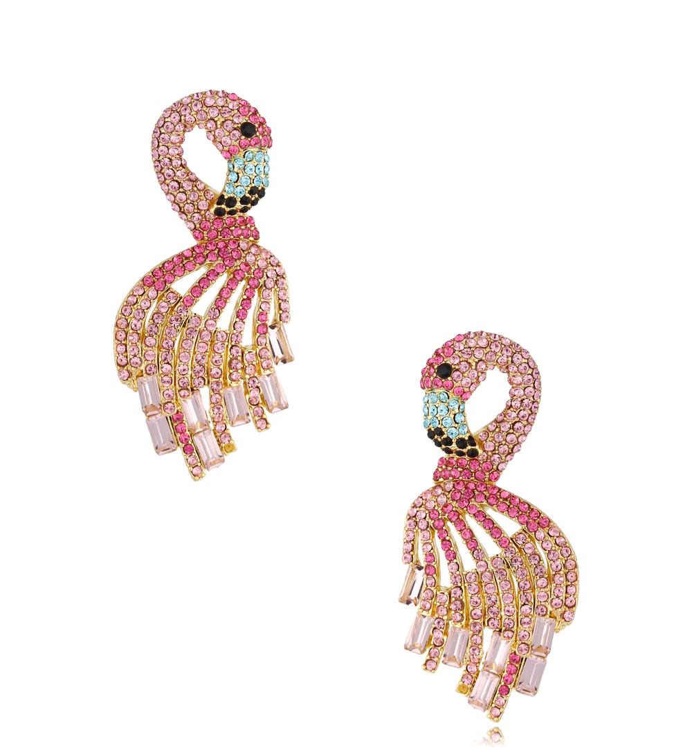 Pink Crystals Dream Tropical Flamingo Earrings
