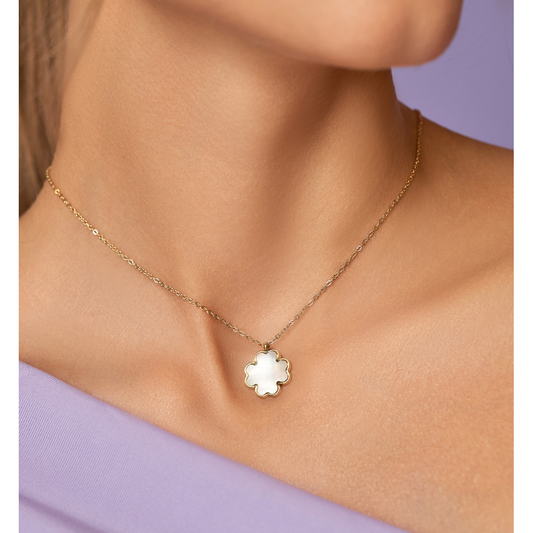 Stainless Steel Necklace with Pearl Clover Pendant