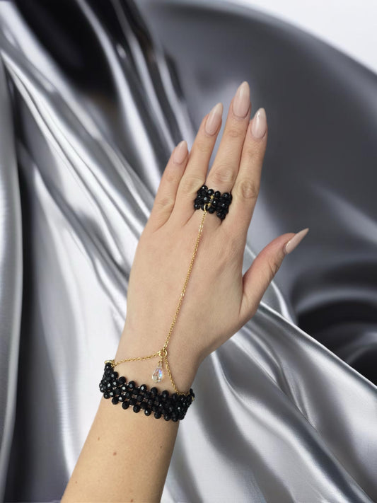 5 Row Glamour Luminous Black Bracelet and Ring with Swarovski Crystal
