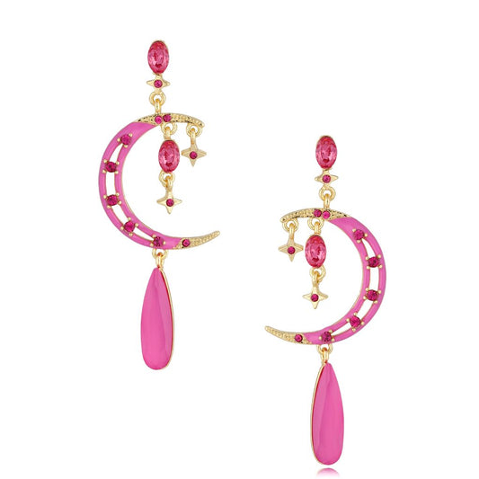 Fuchasia Crystal Moon with Stars Earrings