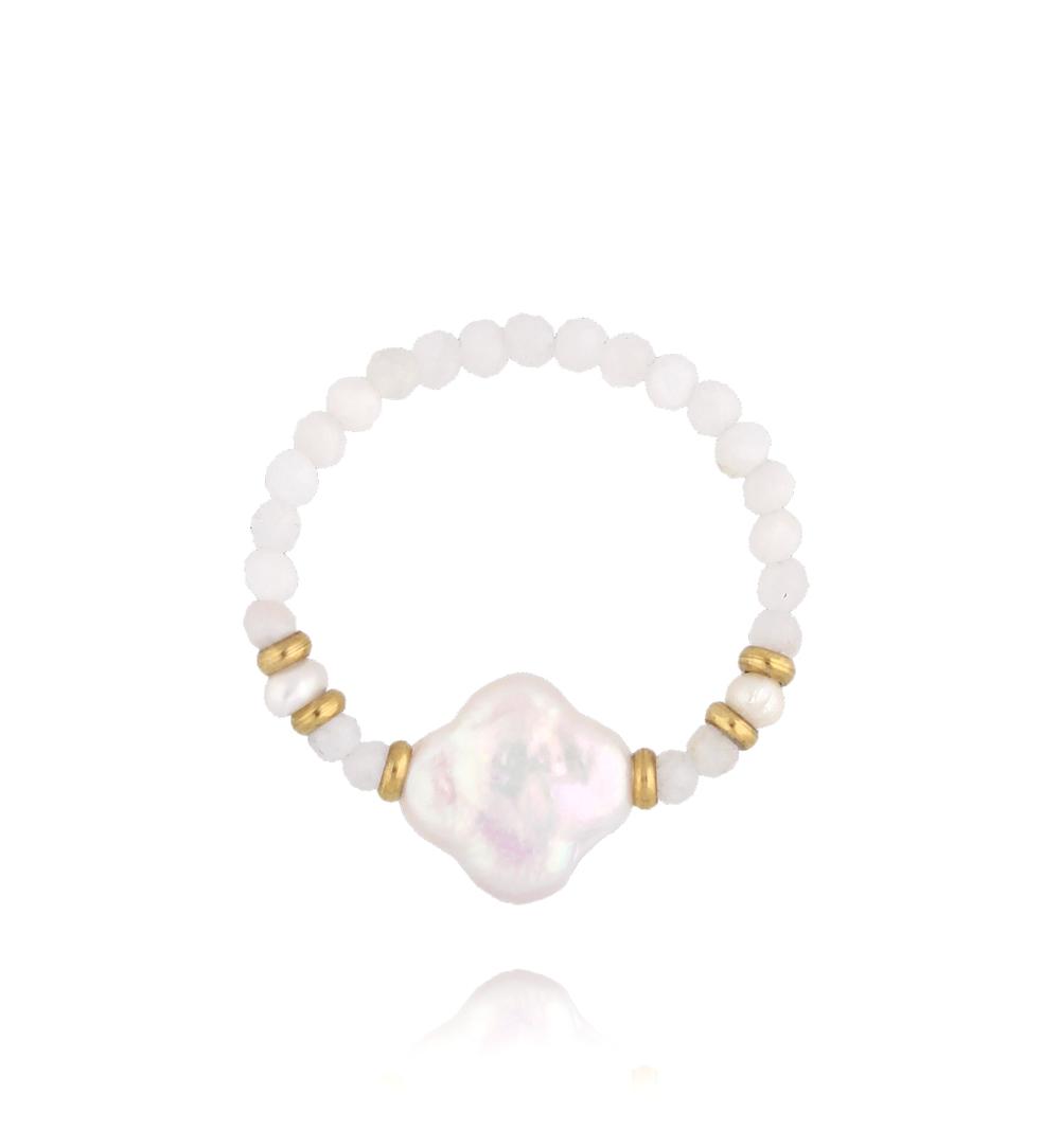 Gold Plated Ring with Moon Stone and Pearl Clover 0416