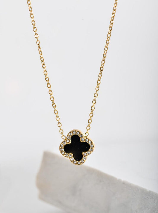 14k Gold Plated Necklace with Crystal Clover & Black Enamel