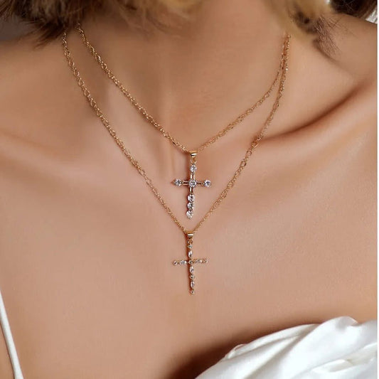 Gold Necklace with Transparent Crystals Cross