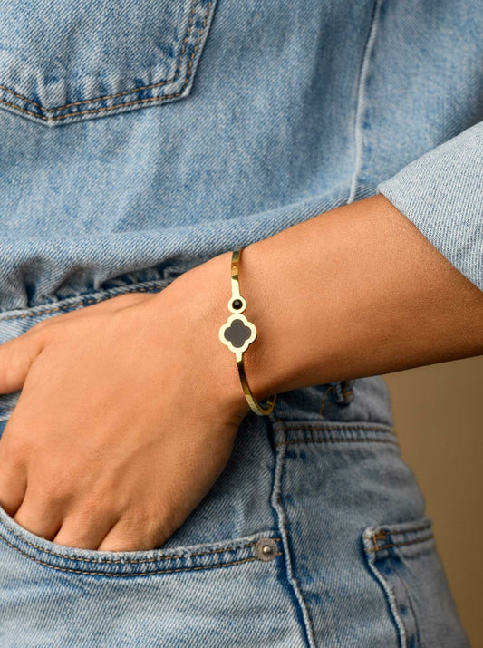 14k Gold Plated Oval Bracelet with Black Enamel Clover