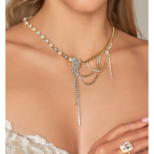 Glamour Crystal Clear & Pearls Fringe Necklace