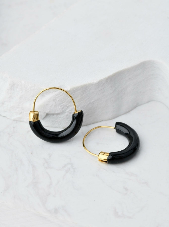 Gold Plated & Black Enamel Hoops Earrings