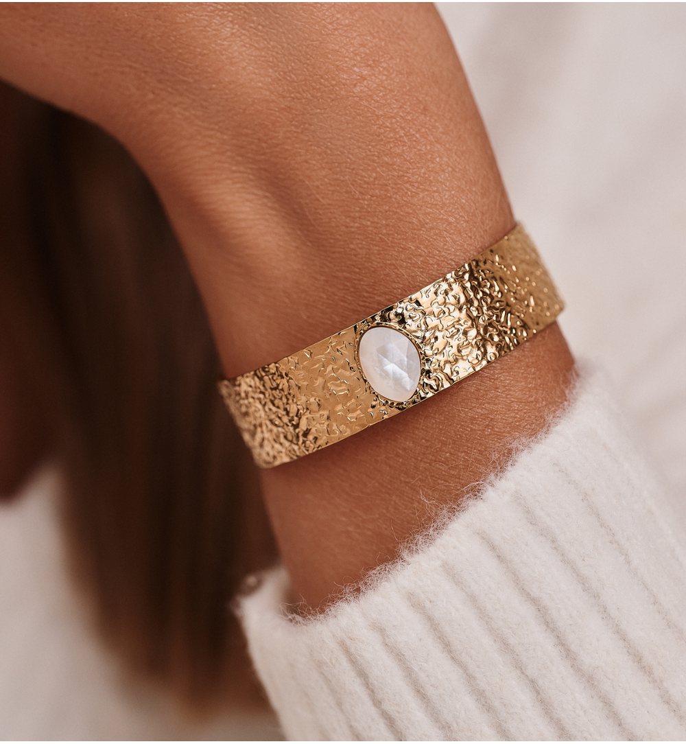Gold Plated Earth Song Wide Cuff Bracelet with Pearl 0018