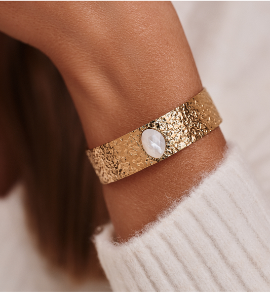 Gold Plated Earth Song Wide Cuff Bracelet with Pearl 0018