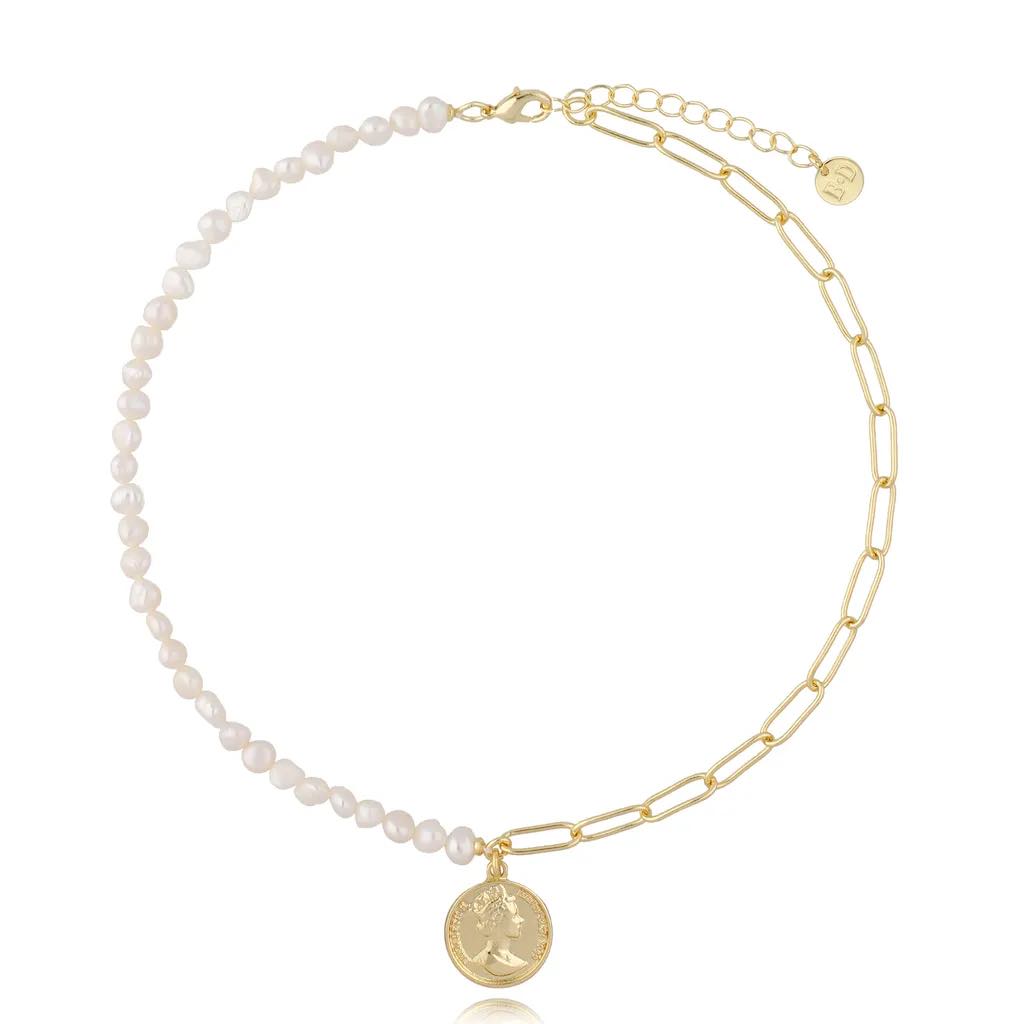 Paper Clip Chain and Pearls Necklace with Gold Coin Pendant