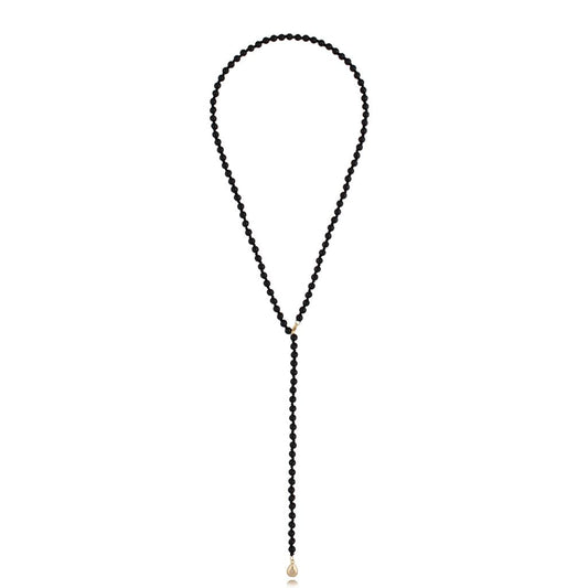 Black Obsydian Stones Long Necklace with Teardrop Renee