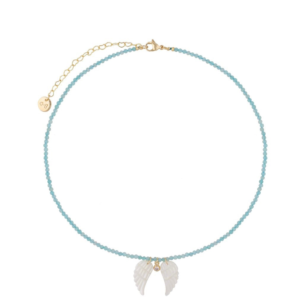 Blue Jadeite Stones Necklace with Pearl Angel Wings & Crystal