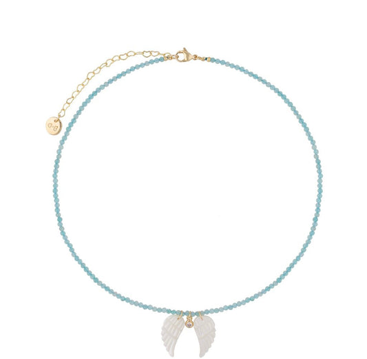 Blue Jadeite Stones Necklace with Pearl Angel Wings & Crystal