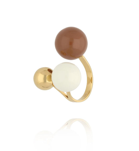 Steel and Shine Enamel Chocolate and Off White Balls Ring
