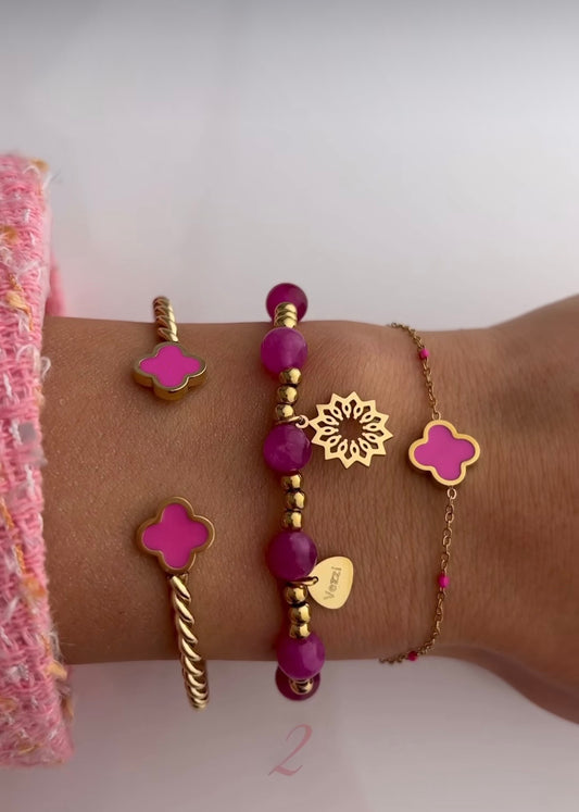 14k Gold Plated Pink Clover Bangle Bracelet