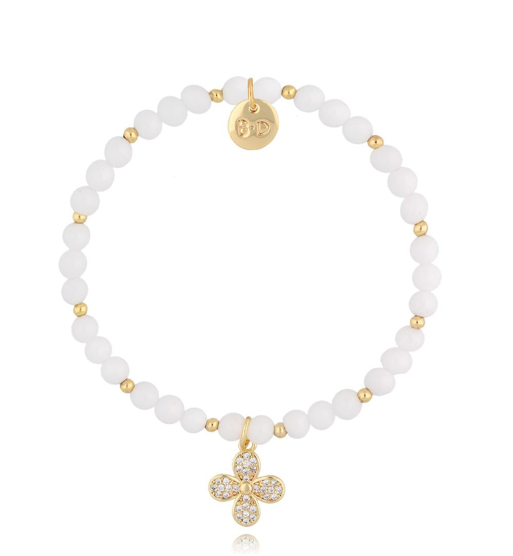 White Tourmaline Stones Bracelet with Crystals Clover
