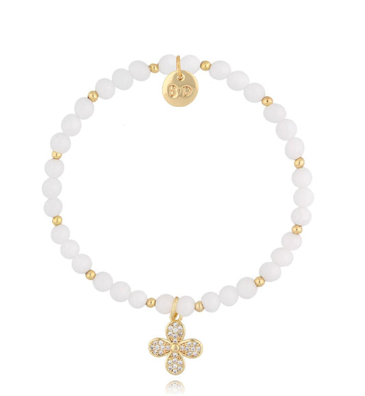 White Tourmaline Stones Bracelet with Crystals Clover