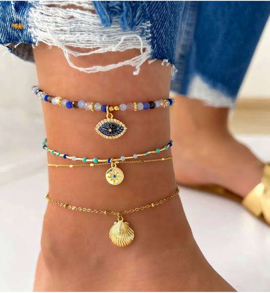 Aquamarine and White Jadeite Stones Anklet with Evil Eye Pendant