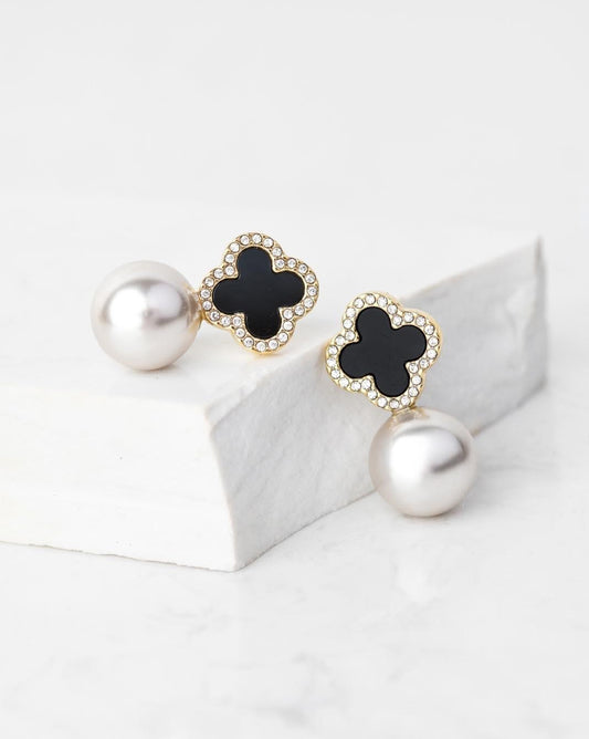 14k Gold Plated Black Clover Studs with Gray Pearl