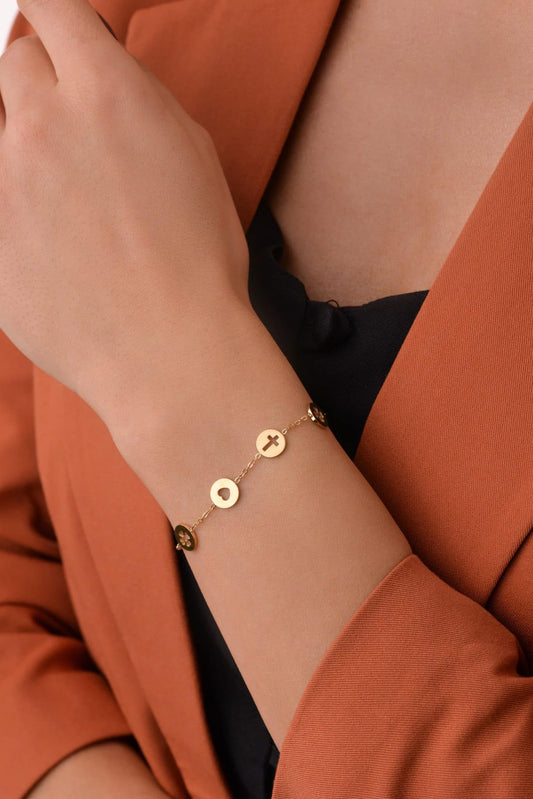 Gold Plated Bracelet with Cross, Heart and Clovers (CL)