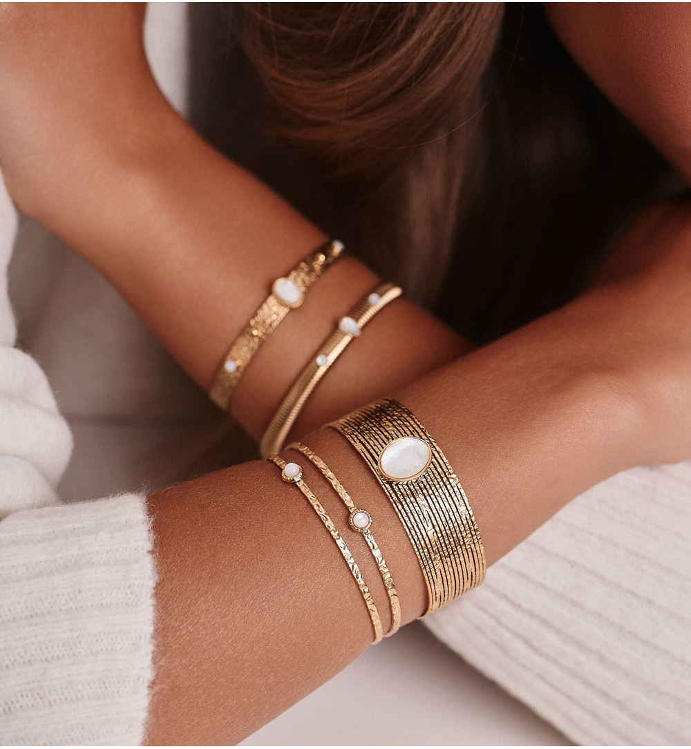 Gold Plated Earth Song Wide Cuff Bracelet with White Pearl
